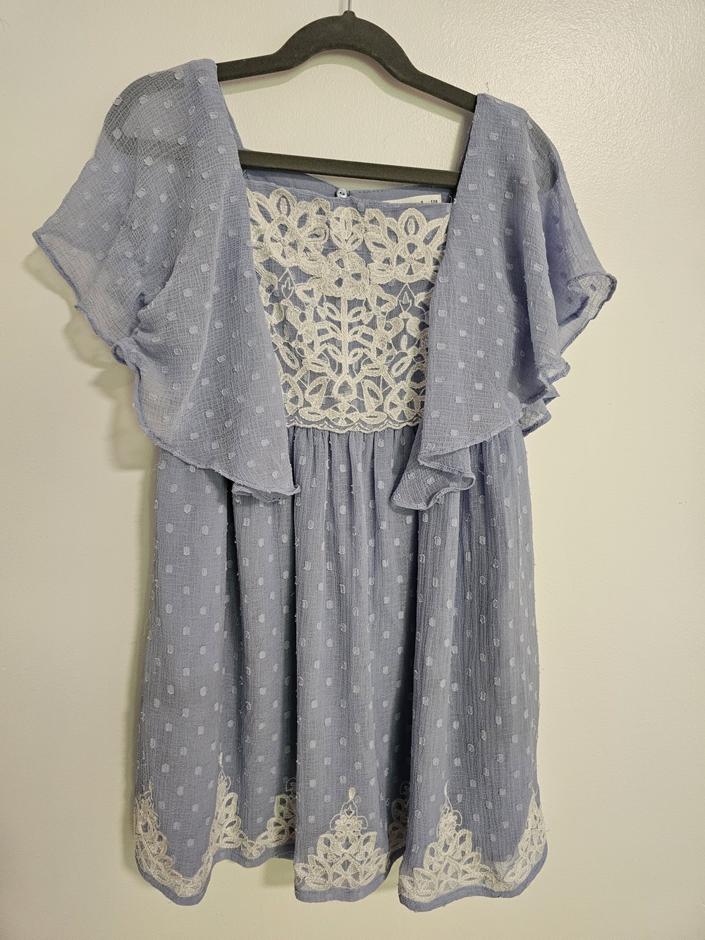 🧸2/20$ Zara Dusty Blue Girls Dress Size 8 White Lace Ruffle Sleeves